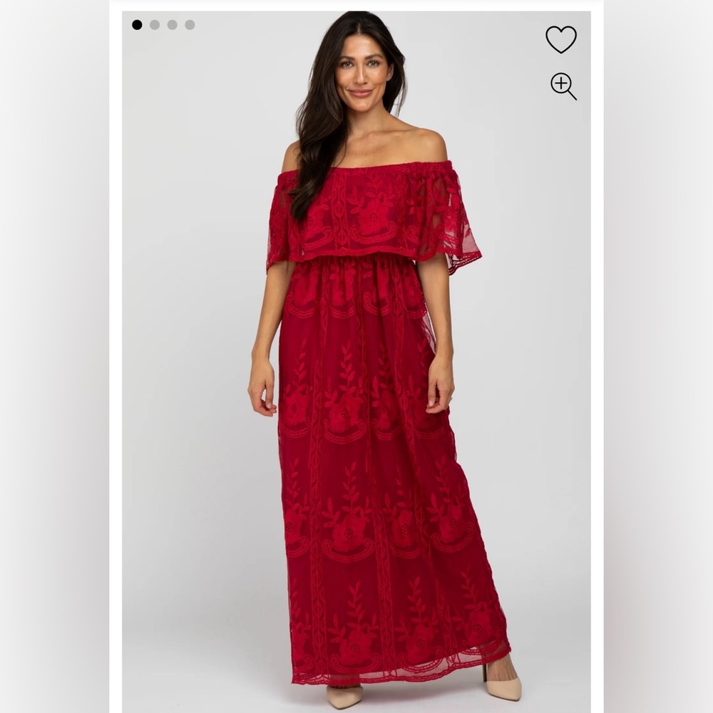 NWOT Burgundy lace overlay off shoulder flounce maternity maxi dress